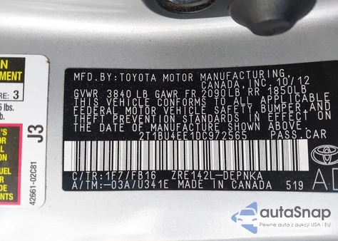 2013 Toyota Corolla Le from USA, damaged, VIN 2T1BU4EE1DC972565